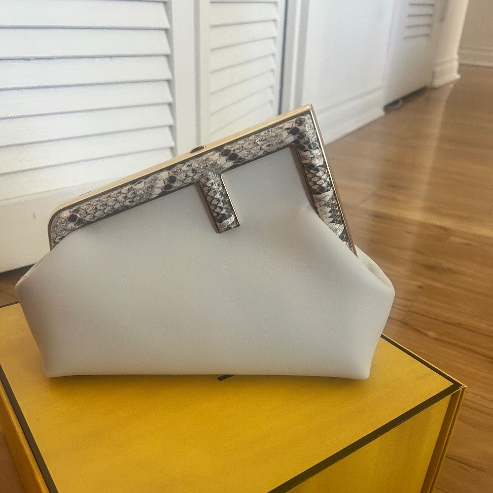 Brand new never worn white small Fendi first with snakeskin trim